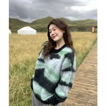 Контрастный полосатый стиль свободного кроя, свитер с длинным рукавом, Трикотаж, Осенне-зимний женский Новый утолщенный корейский стиль