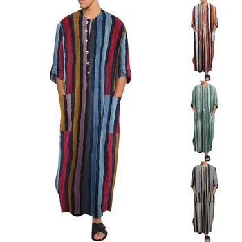 Мужская мода, повседневный полосатый халат в этническом стиле, мусульманский халат с длинным рукавом, светская рубашка, кардиган, блузки