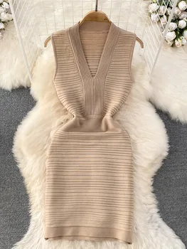 Однотонное Летнее Трикотажное платье с V-образным вырезом 2023 года, Сексуальное платье на бретелях, Женская майка, облегающий сарафан с высокой талией, Женское Пляжное Мини-платье