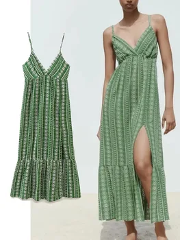 TRAF Women 2023 Модное платье-комбинация с вышивкой, Женские длинные платья с вырезами, праздничные пляжные платья Миди с рюшами