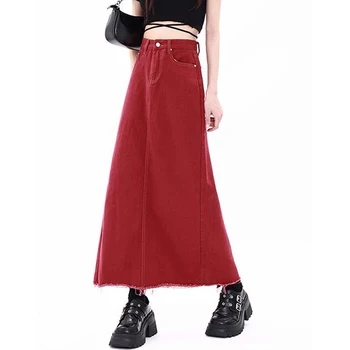 Летняя Винтажная женская Длинная красная юбка трапециевидной формы в складку с высокой талией, весенне-осенняя женская мода, рваные джинсовые юбки с кисточками
