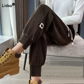 Корейские однотонные повседневные спортивные брюки с завязками для женщин, осенне-зимние модные универсальные шаровары с высокой талией, Женская одежда