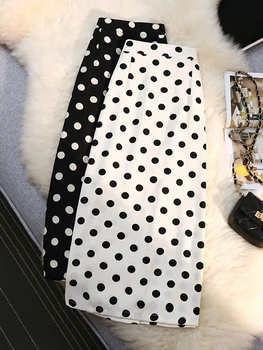 Корейская женская длинная юбка с разрезом, Корейские тонкие Женские юбки с принтом в черно-белый горошек, Эластичная Летняя Женская юбка трапециевидной формы с высокой талией