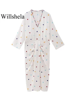Willshela/ Женское модное плиссированное платье Миди с вышивкой, винтажные платья с V-образным вырезом и длинными рукавами, шикарные женские платья для леди