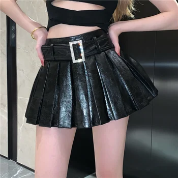 Сексуальный уличный панк женская юбка из искусственной кожи алмазы ремень женский мини-юбки, ультра низкая талия плиссированные шорты юбки Саяс