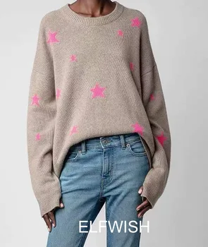 100% Мягкий кашемировый вязаный свитер с круглым вырезом, розовые звезды, жаккардовые пуловеры с открытыми плечами и длинными рукавами высшего качества
