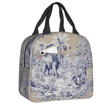 Темно-синий Toile De Jouy с рисунком слона, термоизолированная сумка для ланча, Женская сумка для ланча для пикника на открытом воздухе, коробка для бенто