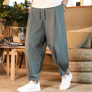 Мужские брюки из хлопка и льна, мужские летние новые однотонные мужские брюки, свободные, для фитнеса, мешковатая уличная одежда, Плюс размер M-5XL