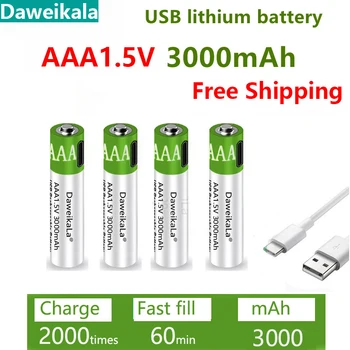 Daweikala USB AAA Аккумуляторные Батареи 1,5 В 3000 мАч Литий-ионный Аккумулятор для Дистанционного Управления Мышью Электрический Игрушечный Аккумулятор + Кабель Type-C