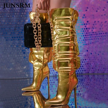 Модные сапоги до колена из зеркальной металлизированной кожи с 3D буквенным дизайном, сапоги до бедра с острым носком 2023 Winte, Пикантная женская обувь для подиума