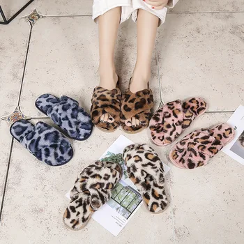 Новые шерстяные тапочки с перекрестным леопардовым принтом, женские домашние шлепанцы с открытым носком, плюшевые хлопчатобумажные тапочки