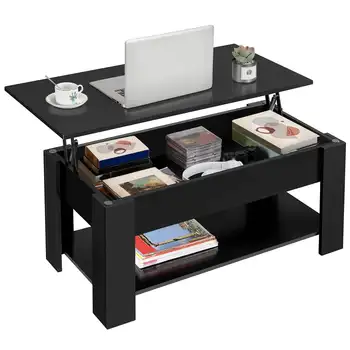 Современный журнальный столик SMILE MART с подъемной столешницей, со скрытым отделением и местом для хранения, черный