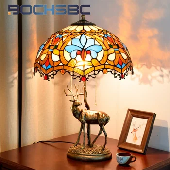 BOCHSBC Настольная лампа из витражного стекла Тиффани в пасторальном стиле elk art Deco, гостиная, столовая, бар, прикроватная лампа для чтения в спальне
