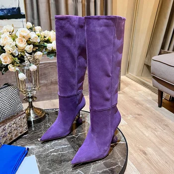 Фиолетовые замшевые сапоги до колена с острым носком, пикантные женские сапоги до колена на высоком каблуке-шпильке, осенне-зимняя элегантная обувь без застежки