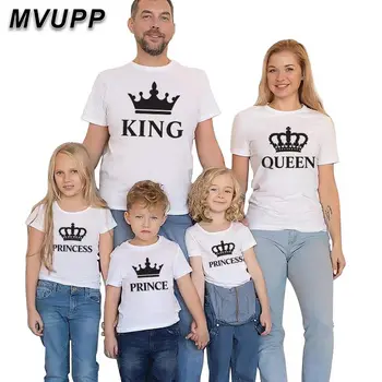 Семейная белая футболка с короной и алфавитом, семейная футболка с королем, королевой, принцессой, принцем, футболка для папы, матери и детей, хлопок