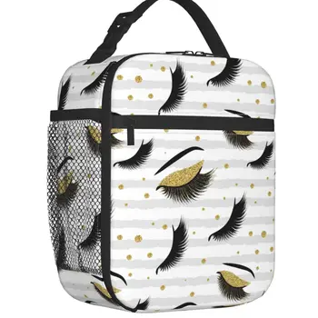Термоизолированная сумка для ланча Eyes Eyes, женская Бесшовная портативная сумка для ланча Gold Lashes, для работы, школы, Многофункциональная коробка для еды