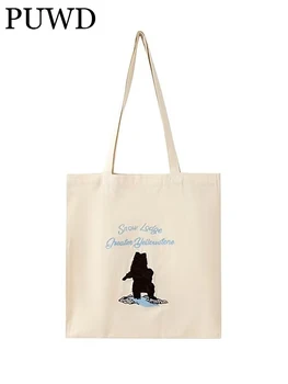 Женские холщовые сумки PUWD 2023, Летние модные женские шикарные винтажные бежевые сумки с вышивкой Медведя, женские сумки