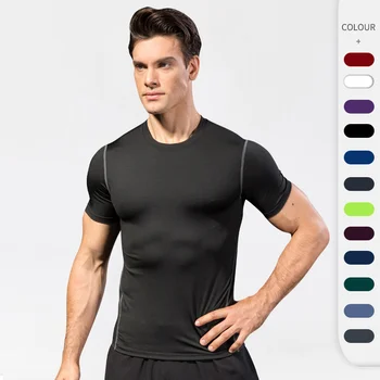Мужской облегающий тренировочный костюм для фитнеса, спортивная одежда для бега с коротким рукавом, эластичная быстросохнущая футболка 1003