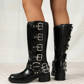 Женские ботинки Lapolaka с пряжкой и шипованным декором, ботинки с квадратным носком на массивном каблуке, черные армейские ботинки в стиле панк