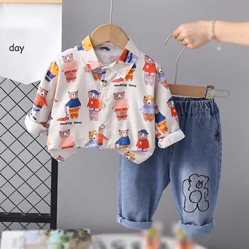 Весенне-осенние комплекты одежды для мальчиков, рубашка с длинными рукавами и рисунком мультяшного Медведя + джинсы, спортивный костюм для мальчика, Детская одежда, одежда для малышей
