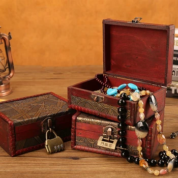 Винтажный Деревянный ящик для хранения, Небольшой Деревянный Сундук для хранения, Пиратский Сундук с сокровищами С замком, Безделушка, Ювелирное ожерелье, Коробка для декора.