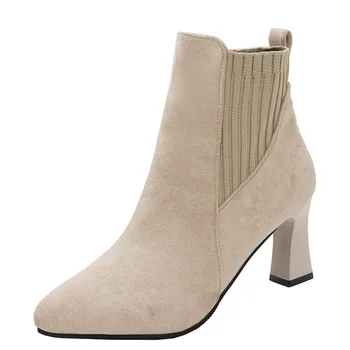 Замшевые женские ботинки, вязаные эластичные короткие ботинки из флока, модные зимние ботильоны на высоком каблуке без застежки, женские Zapatos Mujer