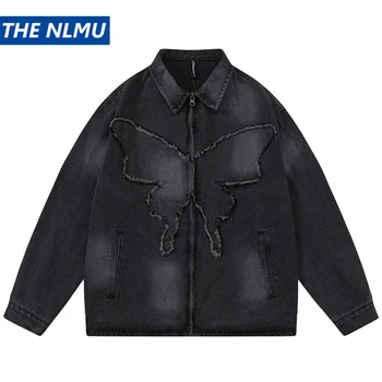 Мужская уличная джинсовая куртка в стиле хип-хоп с бабочкой в стиле пэчворк, Свободные черные джинсовые куртки в стиле харадзюку, пальто на молнии Y2K