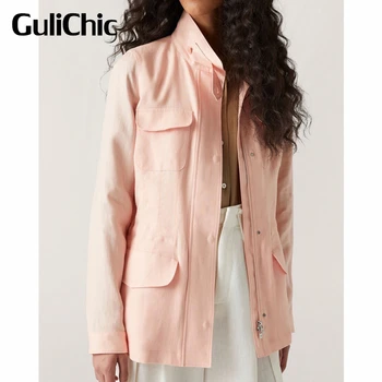 9.4 Женская льняная куртка GuliChic из льна однотонного цвета с воротником-стойкой, длинными рукавами и завязками на талии