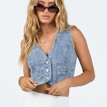 Женский винтажный джинсовый жилет Y2K без рукавов с V-образным вырезом и пуговицами, укороченный джинсовый жилет, жилет, уличная одежда в стиле ретро, майка