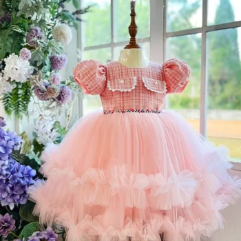 Торжественное пышное платье на 1-й день рождения для маленькой девочки, одежда для крещения, бусы для малышей, платье принцессы, платья для девочек, вечернее свадебное платье