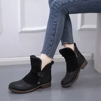 Женская обувь 2023 года, женские ботильоны с боковой молнией и пряжкой на ремне, женская обувь на низком квадратном каблуке, теплые женские ботинки большого размера