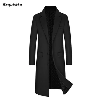 Высококачественный мужской шерстяной тренч, зимнее однотонное хлопковое пальто с деловой подкладкой, особенно длинное шерстяное пальто, роскошная одежда