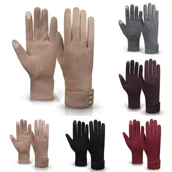 Зимние варежки для женщин, однотонные утепленные вязаные водительские перчатки, дышащий экран, плюшевые женские уличные перчатки на твердых пуговицах