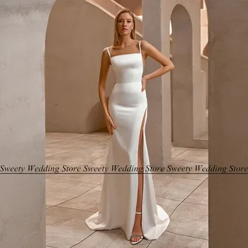 Сексуальное свадебное платье Русалки с квадратной шеей, без рукавов, расшитое бисером, со шлейфом, с высоким разрезом, Vestido Novia, атласное свадебное платье с открытой спиной