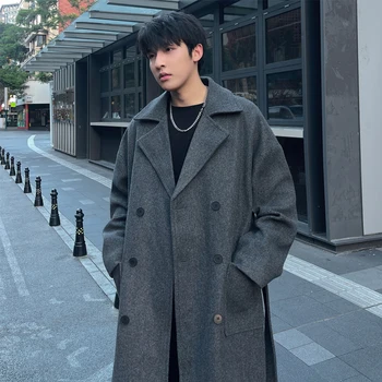 Осенне-зимнее шерстяное пальто, мужские свободные тренчи средней длины, Корейская утолщенная уличная одежда выше колена, ветровка