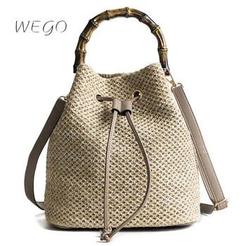 Летняя Новая соломенная сумка через плечо, модная бамбуковая переносная тканая сумка в форме ведра, диагональная сумка на одно плечо
