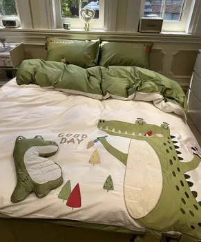 Комплект постельного белья с милой вышивкой в виде зеленого крокодила, мальчик, близнец, королева-король, прекрасный хлопковый домашний текстиль, простыня, наволочка, пододеяльник