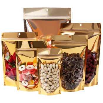 100шт Прозрачная сумка из золотой алюминиевой фольги с застежкой-молнией с отверстием для подвешивания, многоразовые пакеты для упаковки пищевых орехов и конфет