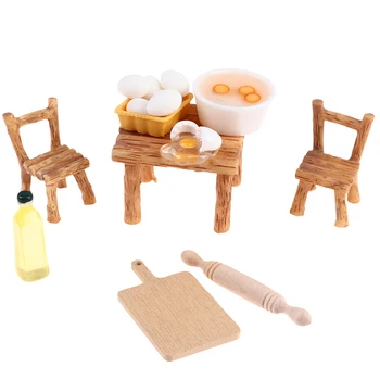1 комплект 1: 12 Кукольный домик Миниатюрная скалка Яйцо с оливковым маслом Обеденный стол и стулья Модель мебели Кухонные принадлежности для кукольного домика своими руками