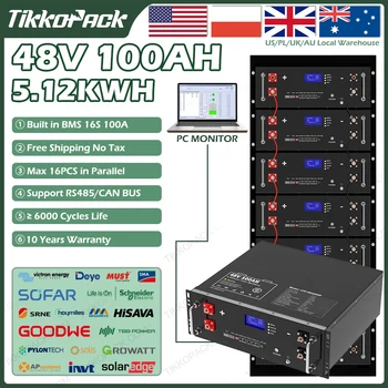Аккумуляторная батарея TIKKOPACK 48V 100Ah 5KW LiFePO4 51,2 V 200Ah 6000 циклов BMS 16 параллельных литий-железо-фосфатных батарей RS485 CAN с литий-железо-фосфатными батареями