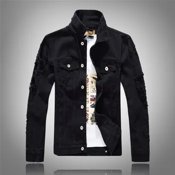 2023 Мужская осенняя новая джинсовая куртка для подростков, Рваная Черная джинсовая куртка для отдыха с длинным рукавом