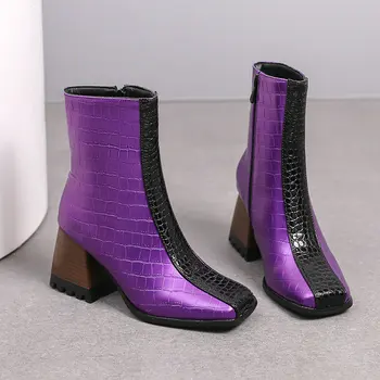 2023 Модные женские ботильоны смешанных цветов, короткие сапоги на толстом высоком каблуке, женские ботинки с квадратным носком, осенне-зимняя женская обувь