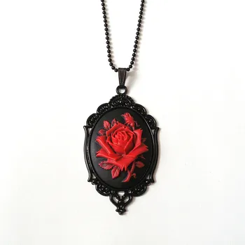 Готическое ожерелье с камеей из красной розы, ювелирные изделия Виктории, Модные аксессуары для ведьм, Винтажное черное ожерелье с подвеской, подарок на День Святого Валентина