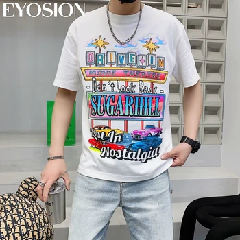 Мужская футболка с коротким рукавом, хлопковая Винтажная летняя мода, красочный принт, круглый вырез, Корейские персонализированные молодежные свободные футболки, топ