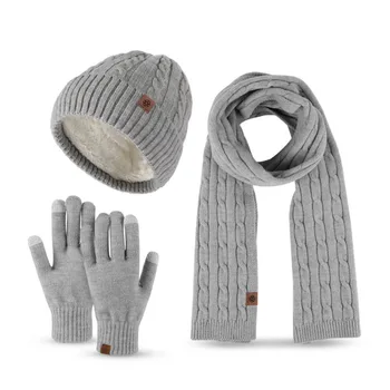 3шт Шерстяная зимняя шапка, шарф, наборы перчаток для мужчин, Женские шапочки, комплект шапок, длинный шарф, перчатки с сенсорным экраном