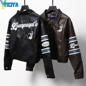 Короткая куртка из искусственной кожи YICIYA, винтажная гоночная корейская мода, зимняя мотоциклетная куртка на молнии в стиле пэчворк, Повседневная верхняя одежда 2023, новинка