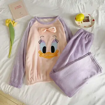 Фланелевый пижамный комплект Disney с Микки Маусом и Минни Маус, новая теплая домашняя одежда из утолщенного бархата, подарок Каваи на день рождения