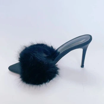 Женские шлепанцы на очень высоком каблуке с меховым острым носком-шпилькой, дизайнерская модная женская обувь, черные вечерние туфли-лодочки Zapatos De Mujer