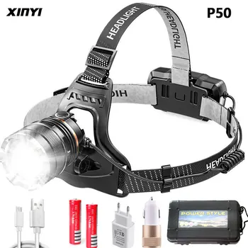 USB Перезаряжаемый светодиодный налобный фонарь P50 для ночной рыбалки на открытом воздухе, долговечный аккумулятор USE18650, перезаряжаемый телескопический зум