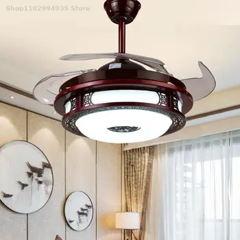 Новый китайский вентилятор лампа невидимый потолочный вентилятор лампа ресторан лампа немой светодиодный светильник из массива дерева ретро кабинет пульт дистанционного управления подвесной светильник